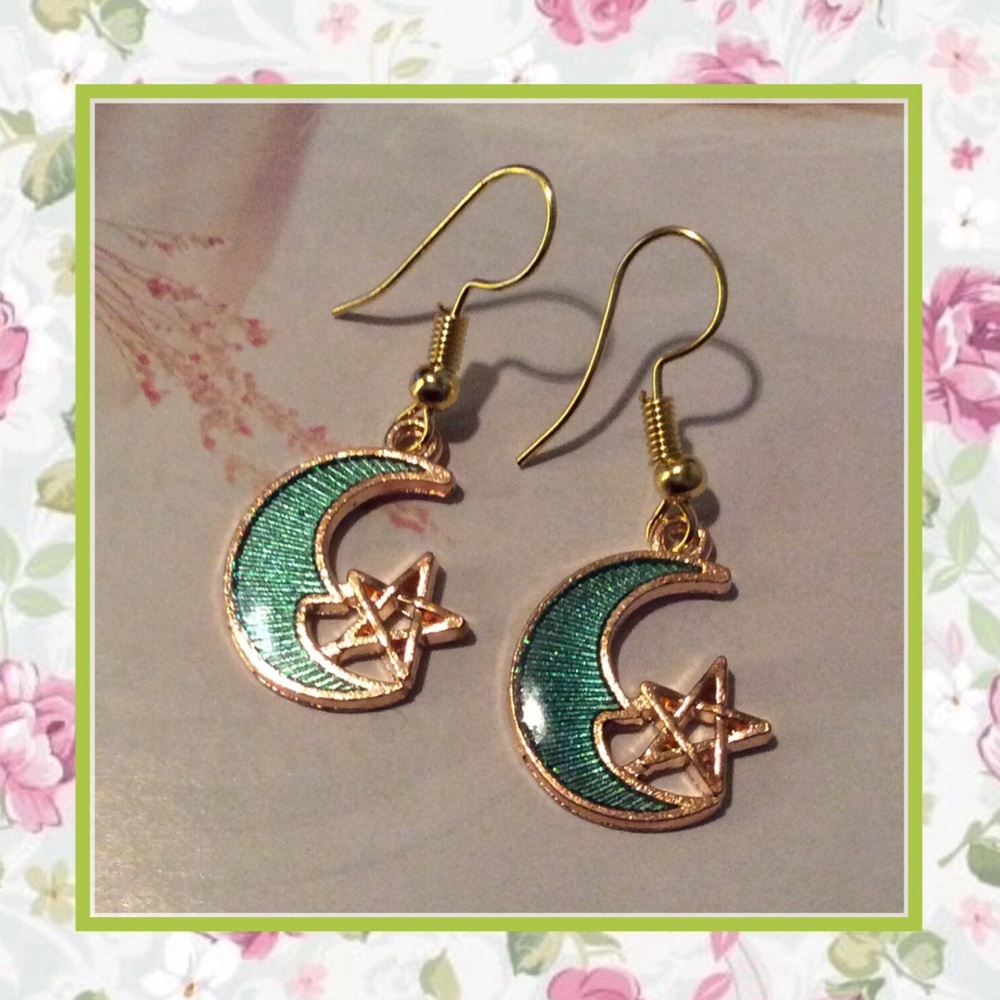 🌸 MOON EARRINGS GOLD STAR EMERALD GREEN DANGLE DROP BOHO MAGIC EARTHBOUND